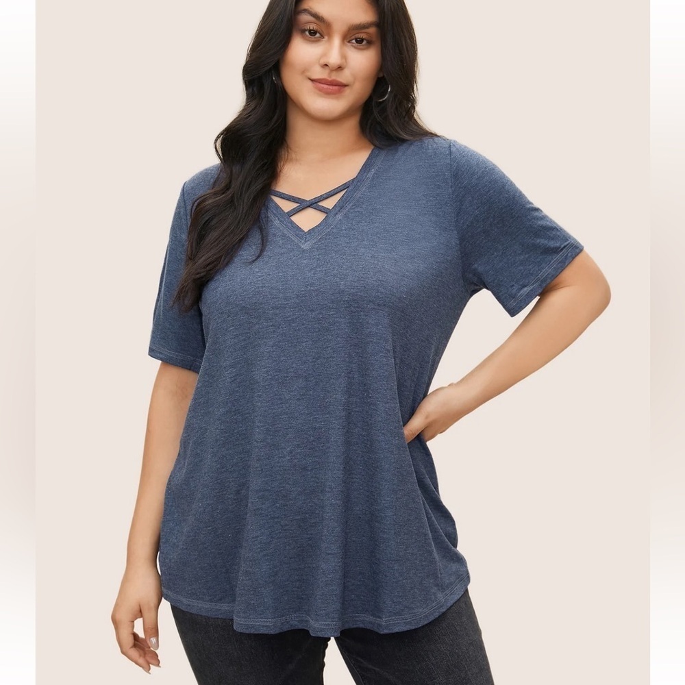 BloomChic Plus Size 5XL Solid Crisscross Neck Contrast Stitch T-shirt us 28